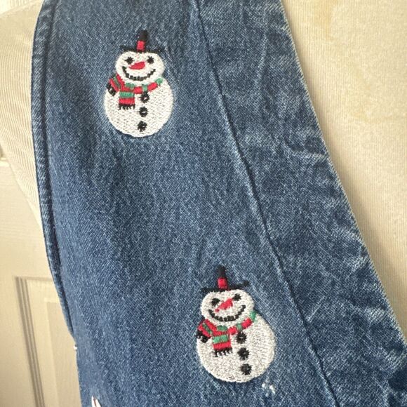 Jane Ashley Vintage Denim Maxi Dress Med Embroidered Snowmen Pockets Y2K Blue - Picture 3 of 12